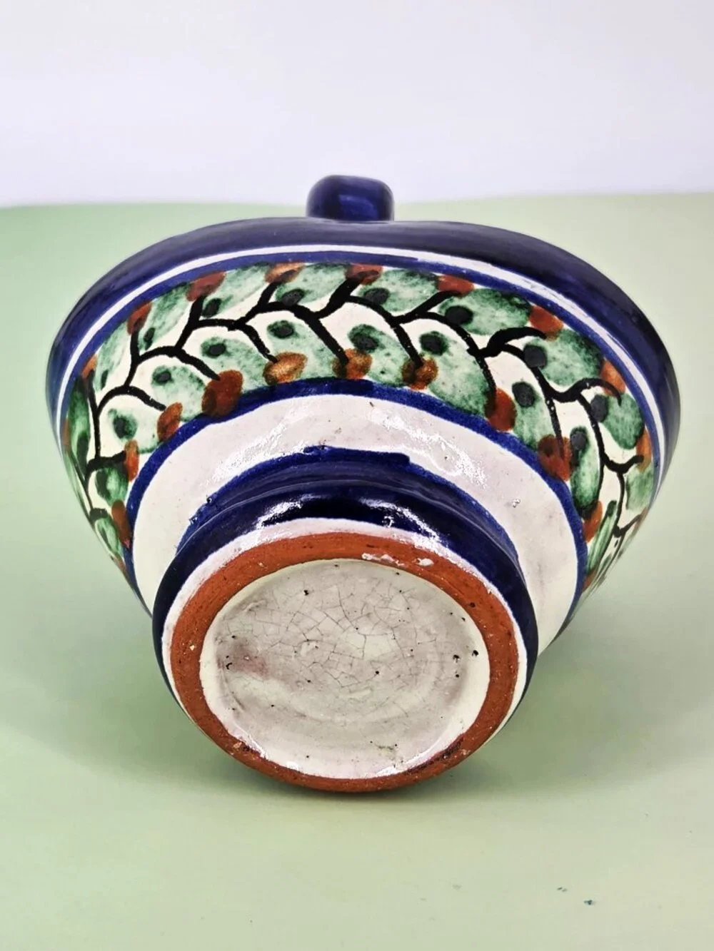 1990s Handmade Mexican Pottery Mini Handled Basket Succulent Planter Leaf Design